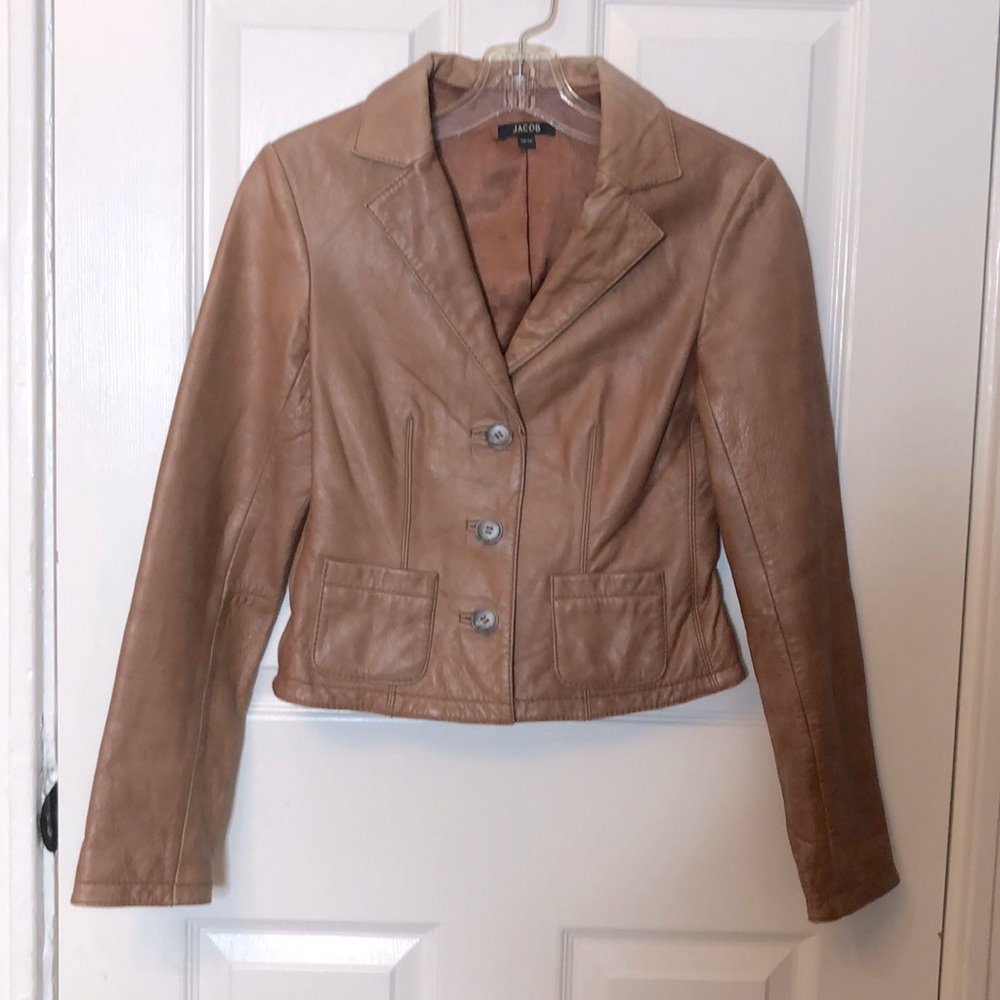 Women’s real leather jacket /blazer Moro jacket short cropped. Tan. Genuine. XS.